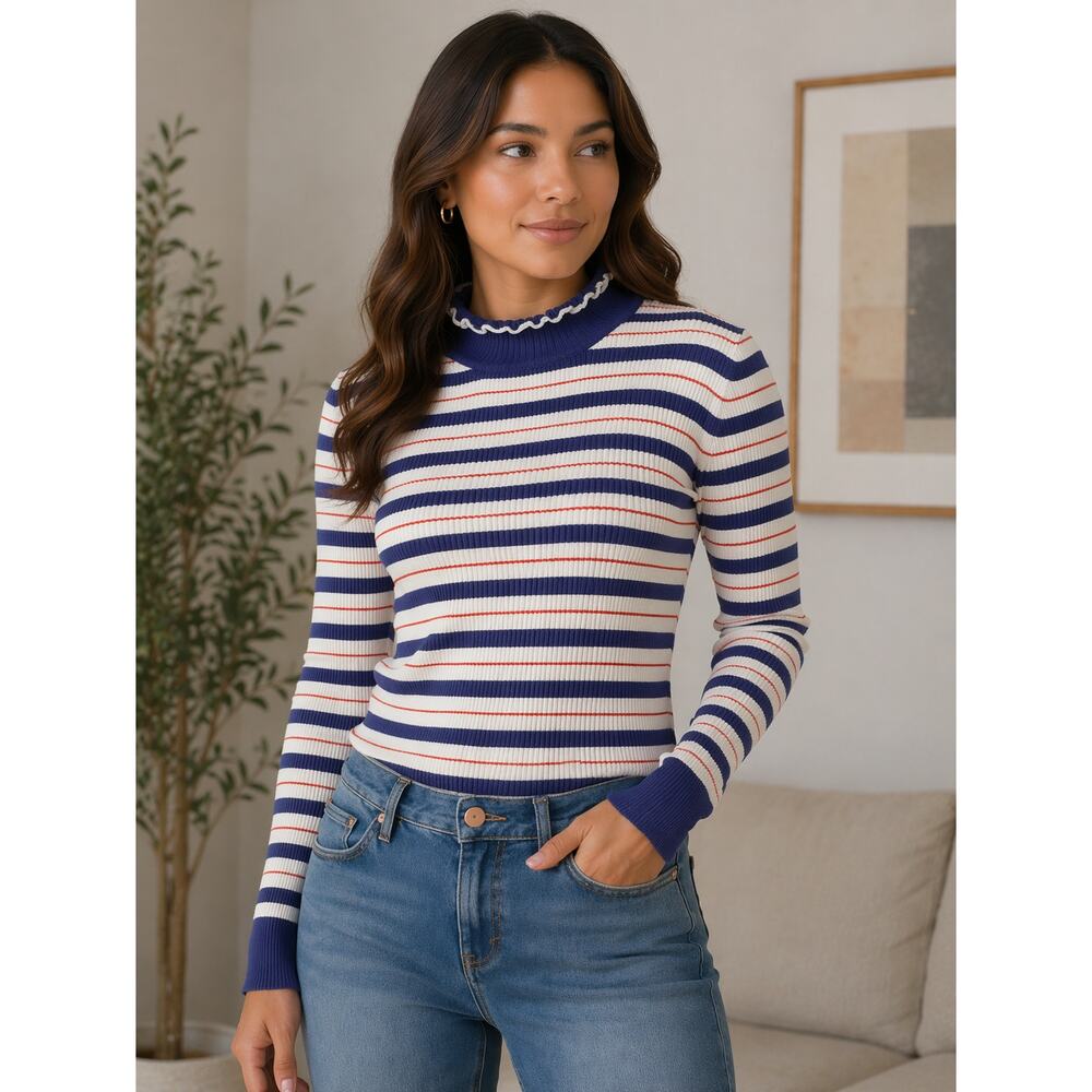 Scotch & Soda Maison Scotch Ribbed Striped Ruffle Neck Knit Top Size Large